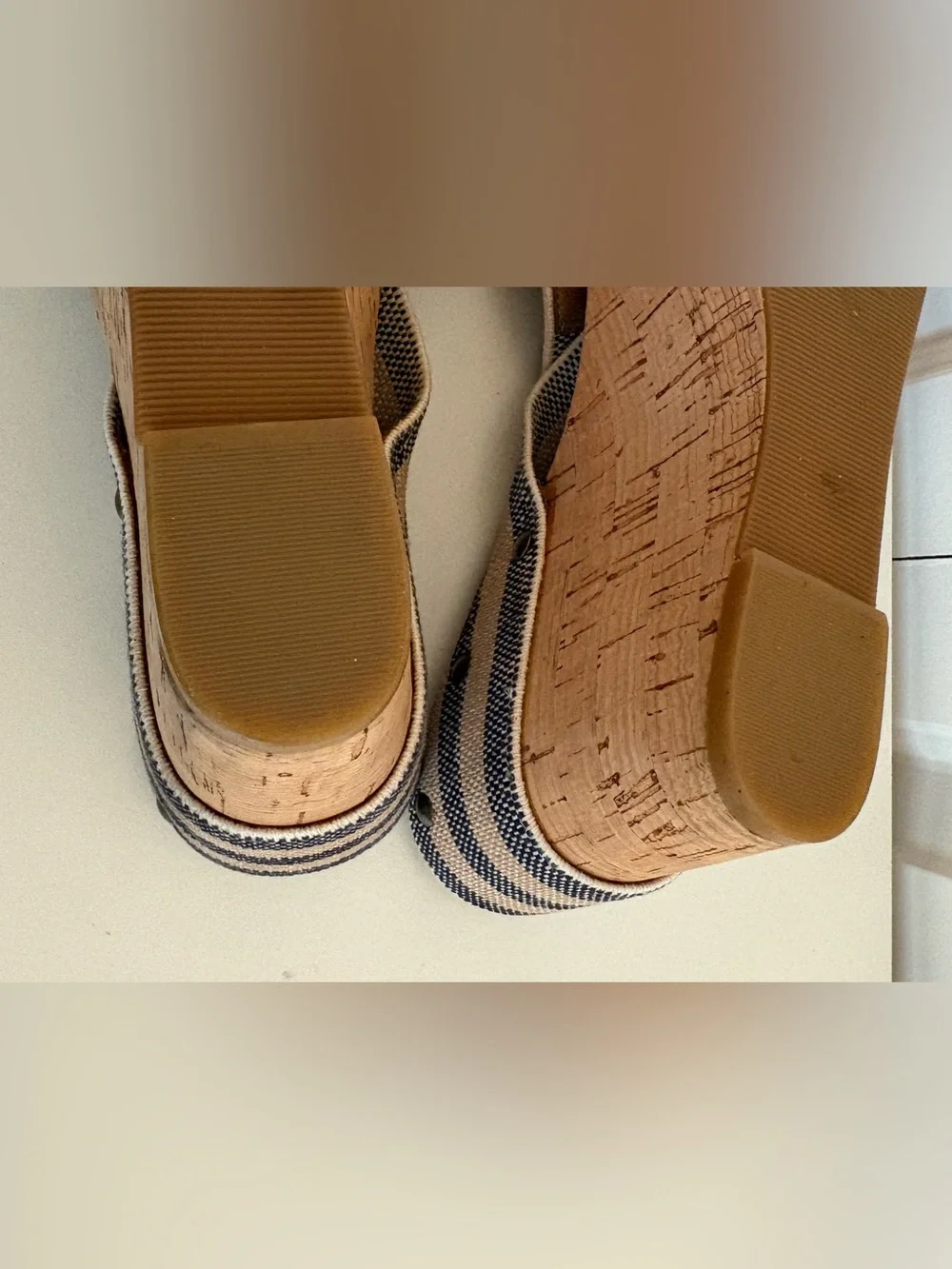 LUCKY BRAND Striped Cork Wedge Slide Sandals - Navy/Tan